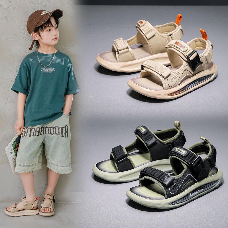 

Boys 2025 Summer Genuine Leather Non-slip Soft Sole Beach Sandals Size 33 (20.8 cm) хаки