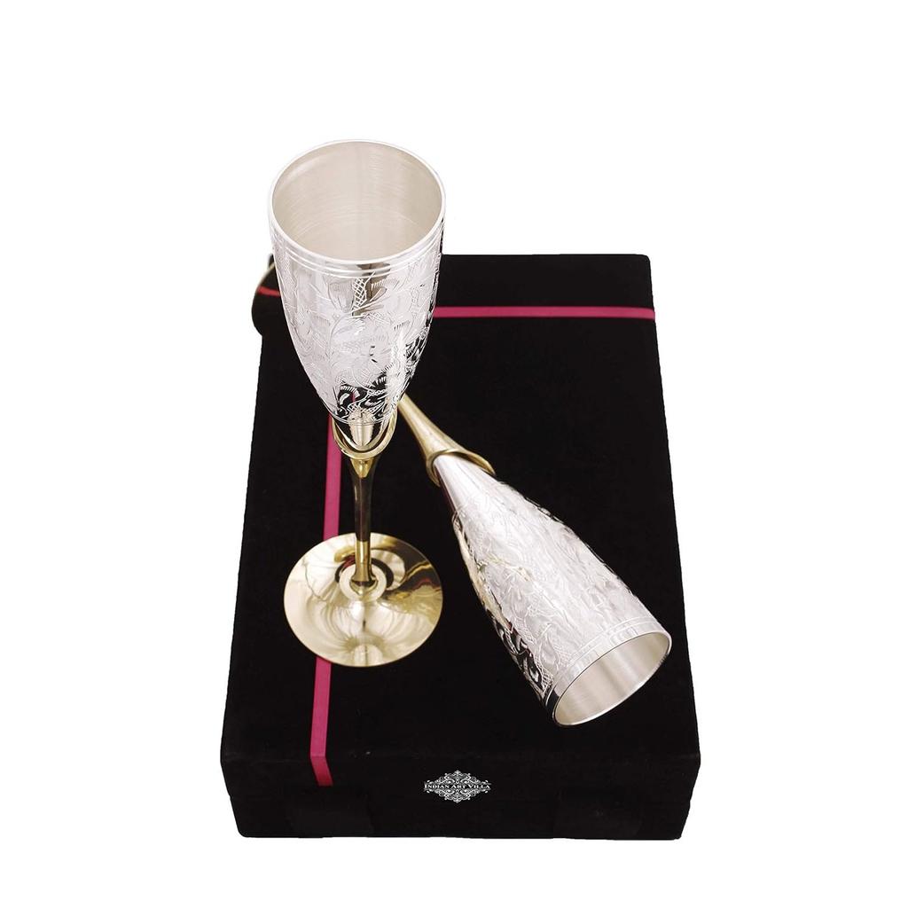 Silver Plated Engraved Goblet Flute Wine Glass with Black Box, Best for Parties, Diwali Gift Set, 100 ML Each, Set of 2