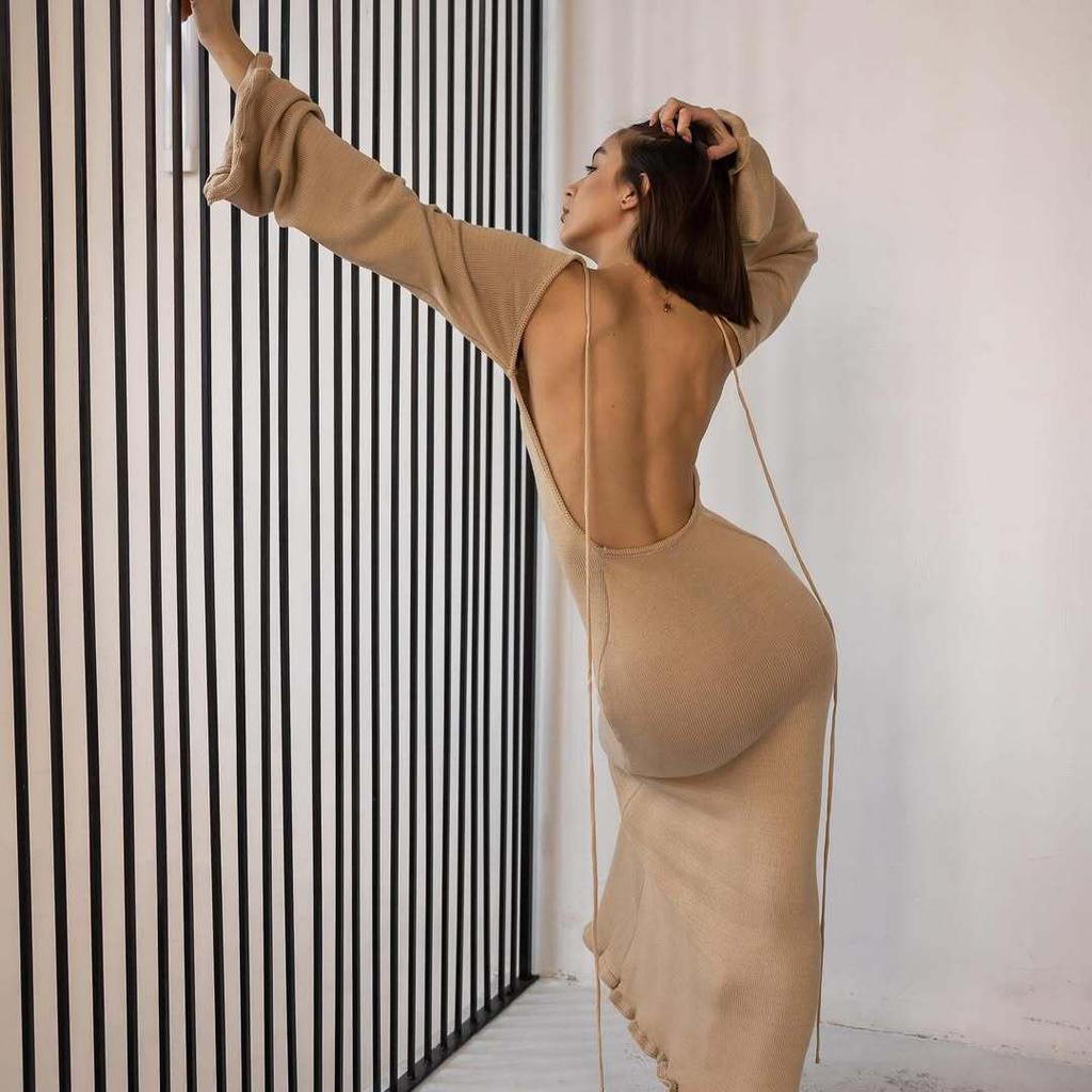 2025 Europäischer & Amerikanischer Stil Damen Bodycon Strickkleid mit Glockenärmeln