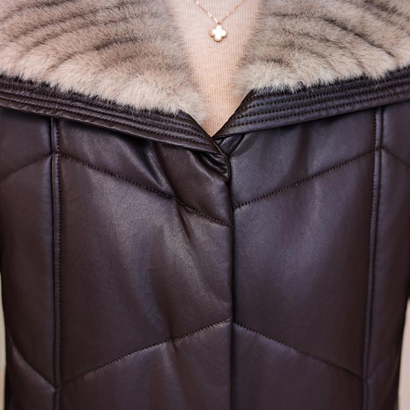 Middle Age Woman Winter Long Faux Sheepskin Coats Fur Collar Elegant Thick Warm Winter Parkas Female Leather Jacket