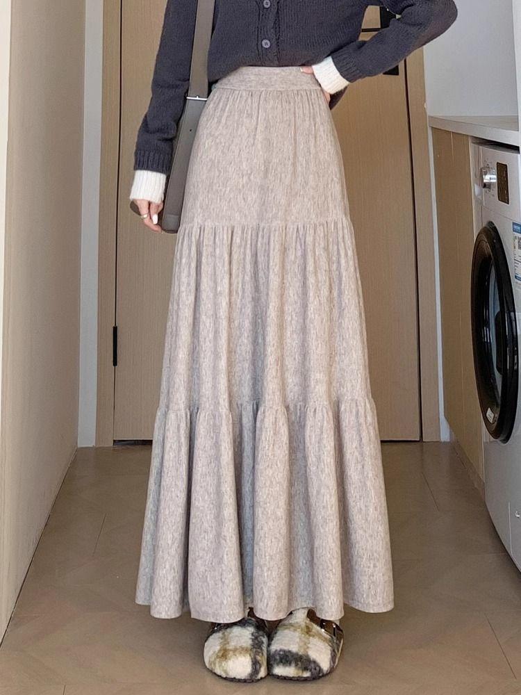 Spódnica z Wysokim Stanem dla Efektu Wyszczuplenia, Warstwowa na Jesień i Zimę, Średniej Długości do Długiej Plisowana Długa Spódnica na Jesień i Zimę