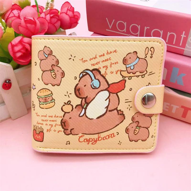 Мультяшный Складной Кошелек Капибара Короткий Кошелек для Денег Милый Кошелек для Монет из ПУ Кожи Мини Кошелек Держатель для Карт с Кнопками Зажим для Денег