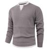 Men's Casual Solid Color Fake Two-piece Knitted Sweater, Men's Long-sleeved Pullover, Loose Inner V-neck Over Round-neck Sweater