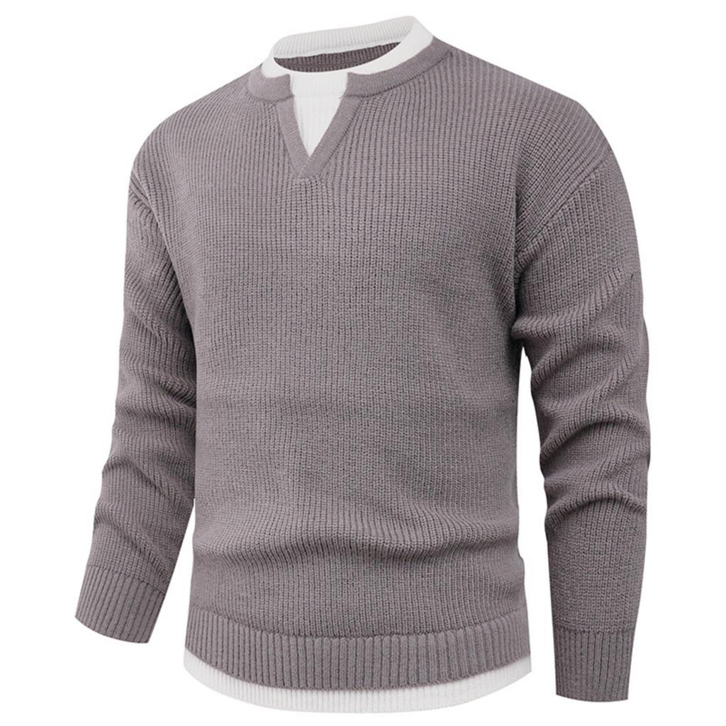 Men's Casual Solid Color Fake Two-piece Knitted Sweater, Men's Long-sleeved Pullover, Loose Inner V-neck Over Round-neck Sweater