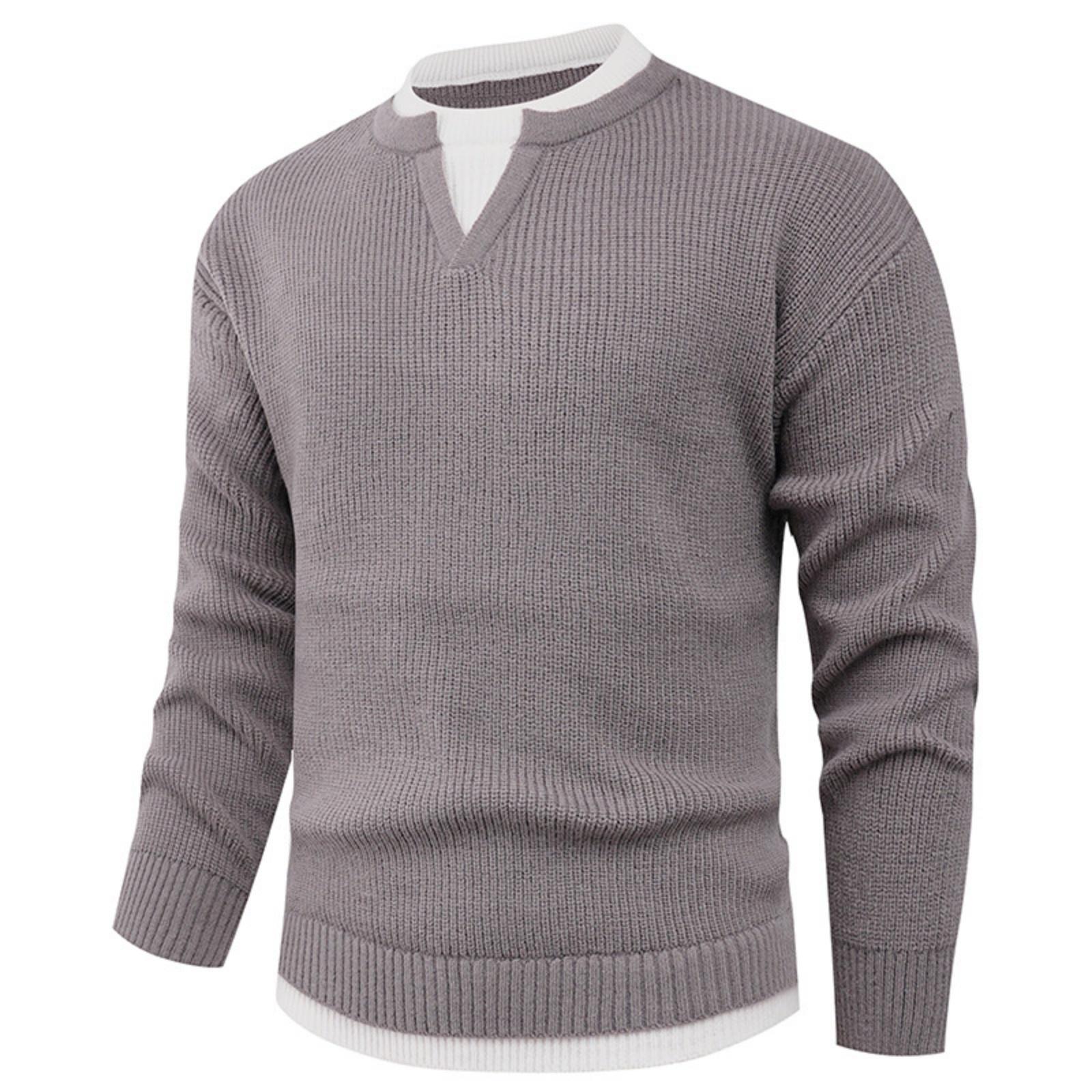 

Men s Casual Solid Color Fake Two-piece Knitted Sweater , Men s Long-sleeved Pullover , Loose Inner V-neck Over Round-neck Sweater XXXL хаки