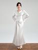 Luxurious Custom French Acetate Asymmetrical Satin Gown with Swing Neck and Flared Long Sleeves