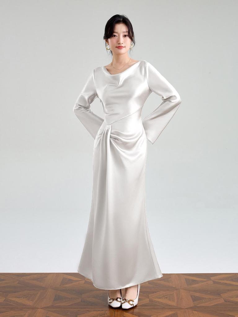 Luxurious Custom French Acetate Asymmetrical Satin Gown with Swing Neck and Flared Long Sleeves