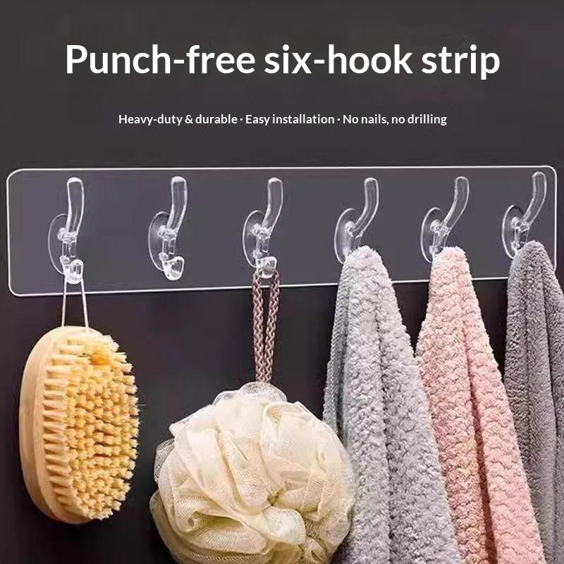 6 Hooks Transparent Holder Rack Bathroom Towel Sponge Storage Hanger Living Room Hat Clothes Seamless Hook Organiser