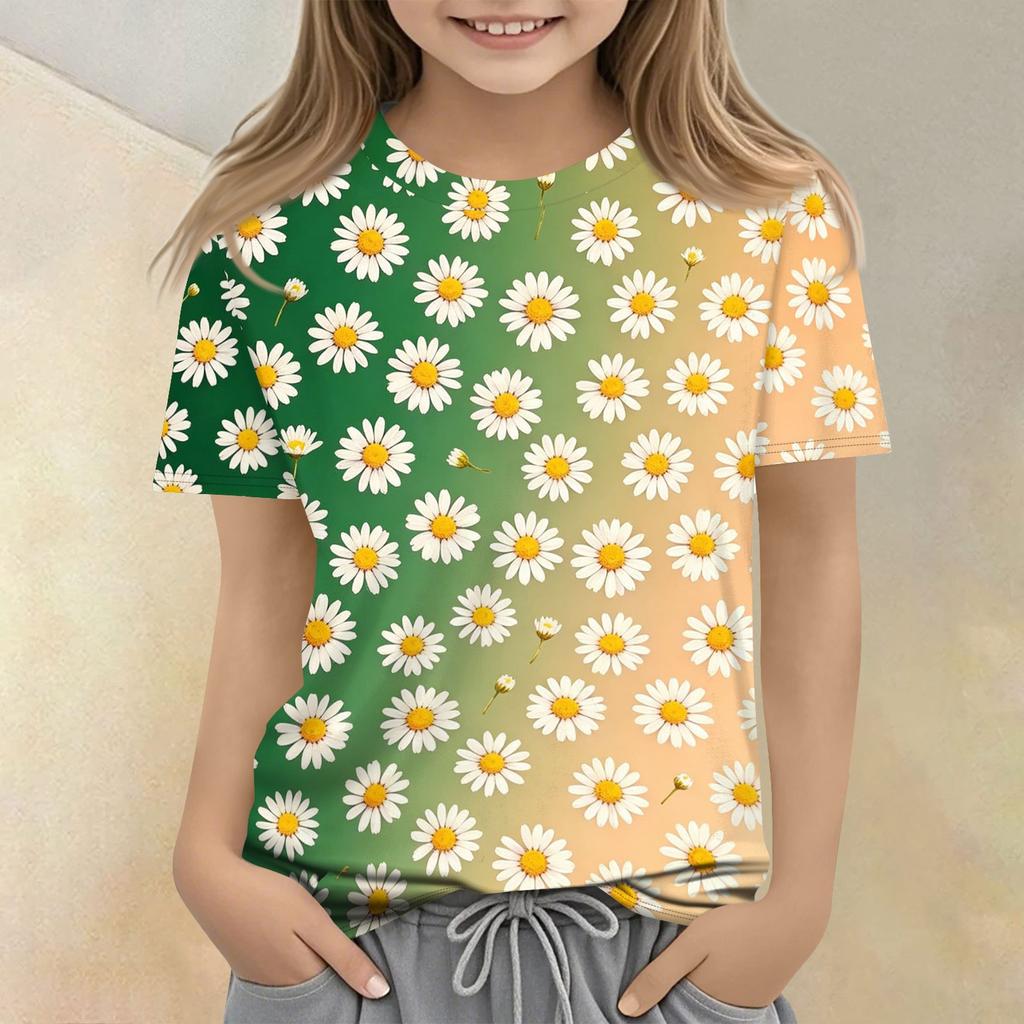Kids Floral Print Crew Neck Short Sleeve Casual Loose Fit T Shirt Top Suitable for Daily Wear and Outdoor Activities