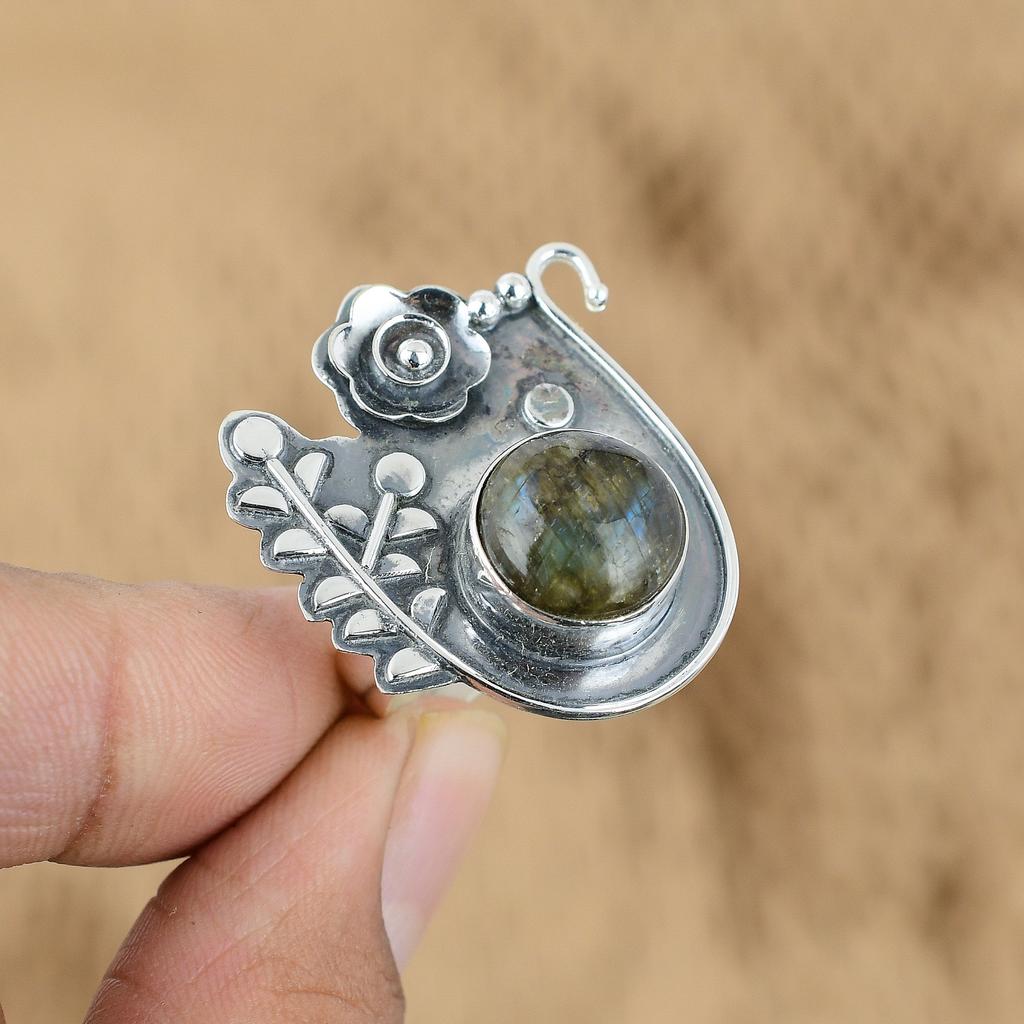 Mothers Day Deal Round Labradorite Gemstone Sterling Silver Art Deco Flower Ring