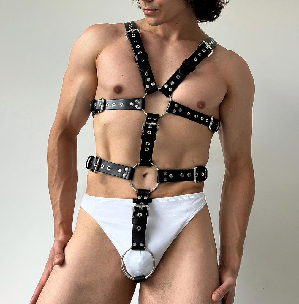 Edgy and Sophisticated Black Leather Body Harness with Buckles and Rings, Perfect for a Bold Look