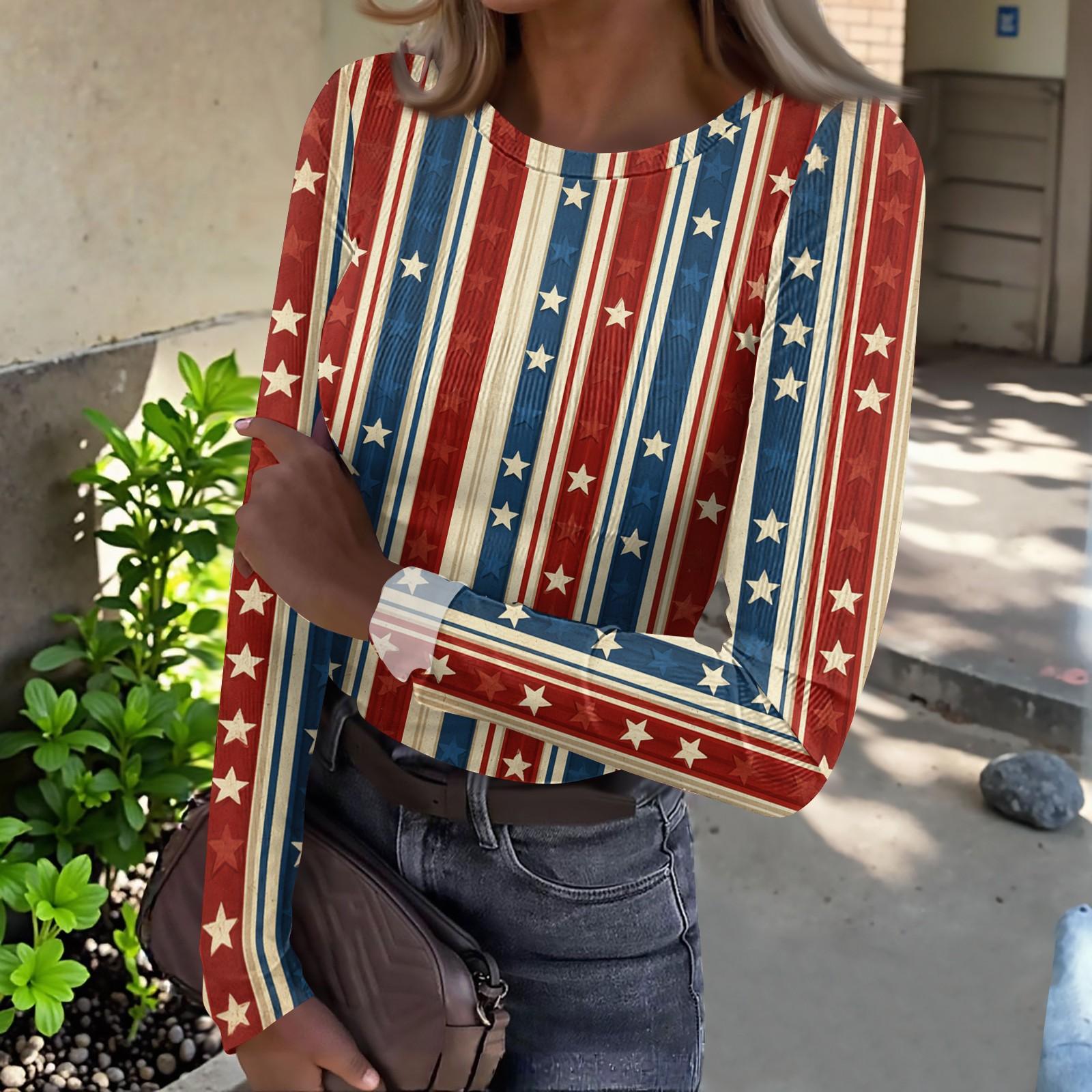 

Women s Casual Fashion Round Neck Independence Day Print Long Sleeve Ribbed Top L синий