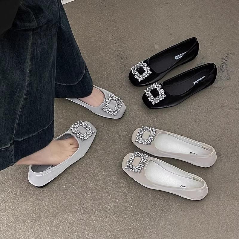 French gentle fairy shallow mouth single shoes female spring new fashion rhinestone square buckle evening breeze square head temperament Mary Jane sho