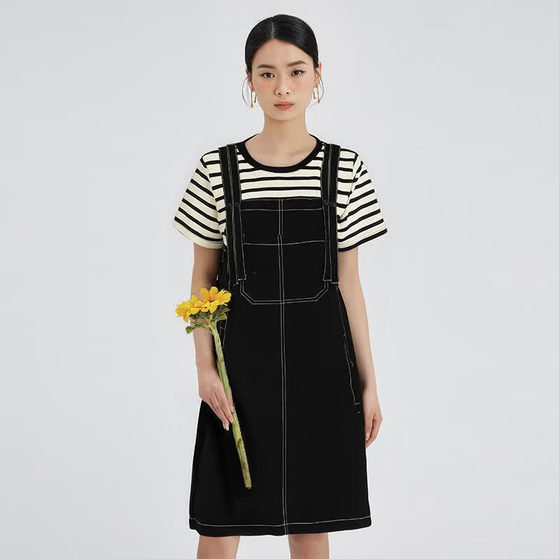 Faux Two-Piece Patchwork Short-Sleeve Casual Dress S