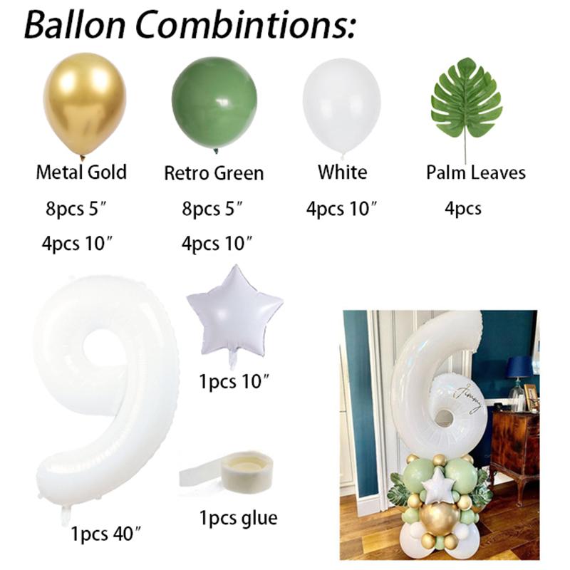 34pcs 40inch White Number Palm Leaves Retro Green Balloons Kit Kids 1 2 3th Birthday Balloons Set Baby Shower Decoration