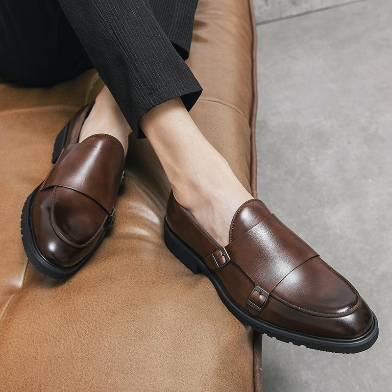 Large Size Business Munk Shoes Men's Solid Color Platform Dress Leather Shoes Korean Version Office Loafers