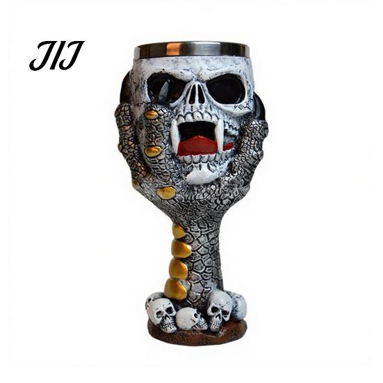 Dark Style Barware Horrible Resin Stainless Steel Skull Goblet, Retro Skeletal Wine Gothic Spooky Theme Tabletop Decor Cocktail Glasses, Vintage
