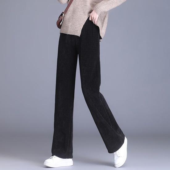 Women Winter Pants Elastic High Waist Straight Wide Leg Velvet Lining Long Pants Solid