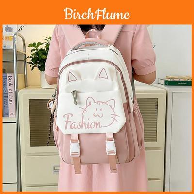 Cute Cat Student Backpack For Girls With Breathable Nylon Material For School Use