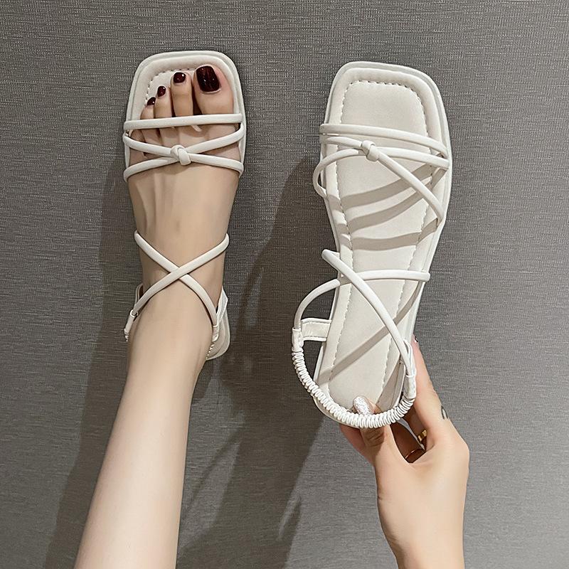 Sandals female trendy new fashion weave fairy wind elastic band flat bottom beach roman shoes female