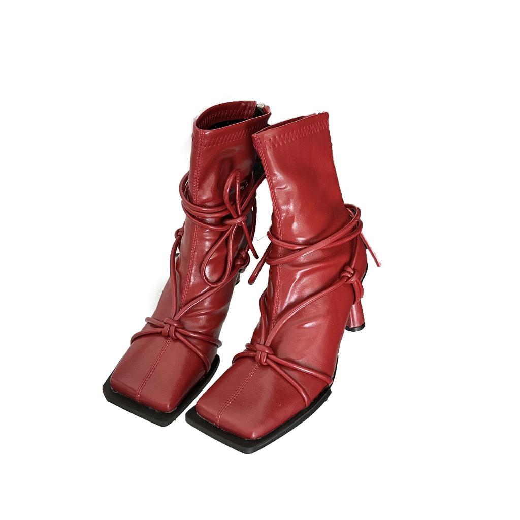 2025 Autumn and Winter New Square Head Thin Heel High Heel Temperament Thin French Fashion Sexy Beauty Internet Celebrity Short Boots