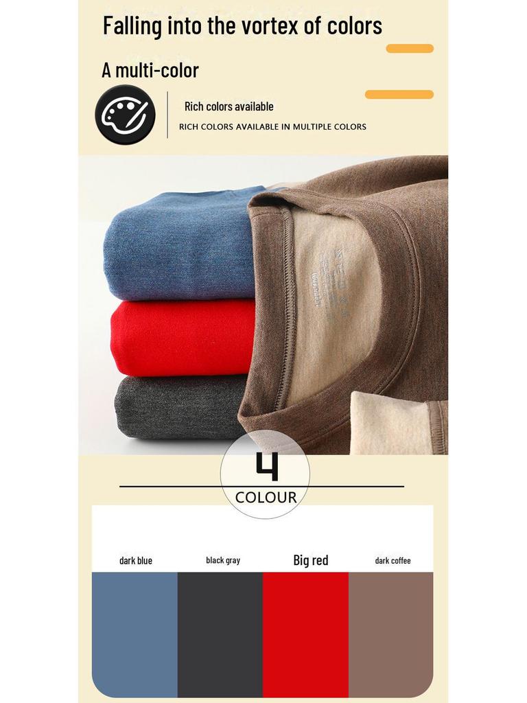 Men's Plus Velvet Thermal Underwear Top - Thick, Solid Color, Round Neck, Seamless, Cashmere Silk Blend, Elastic Fit, Autumn Wear.