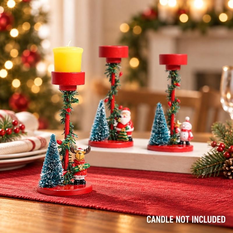 Decorative Christmas Candle Holders Set of 3 with Santa and Holiday Character Figures for Entryways, Coffee Tables and Dining Table Displays