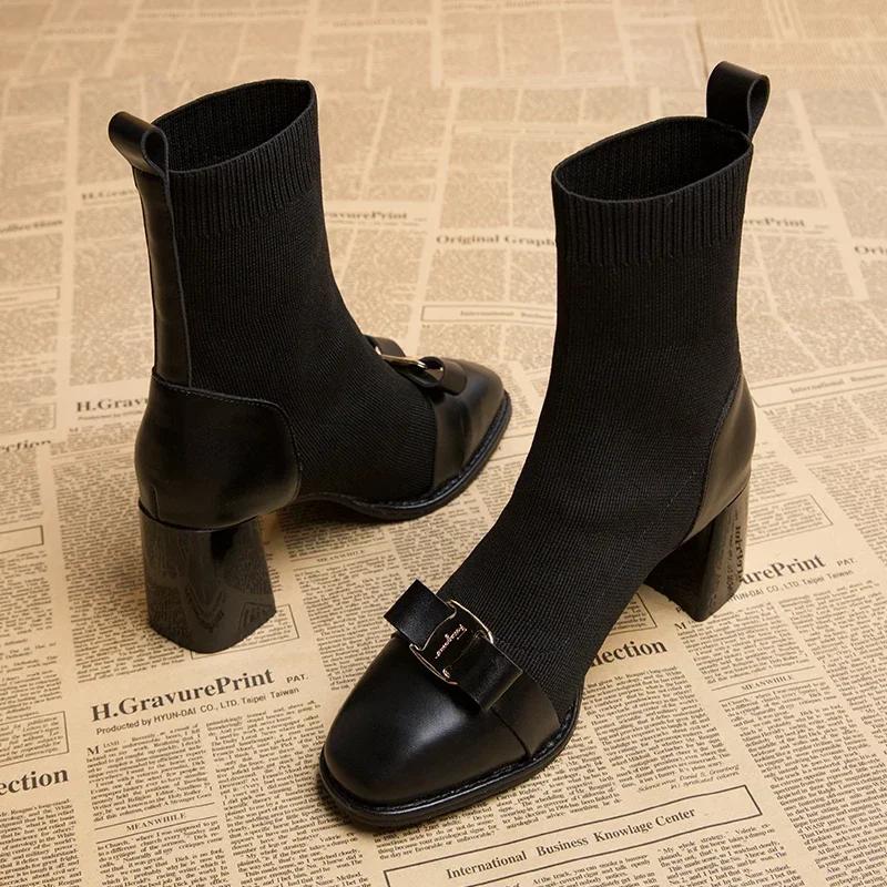 Fashion Autumn Women Knit Ankle Boots Fashion Metal Decoration Slimming Short Booties Autumn Winter Female Thick Heel Shoes