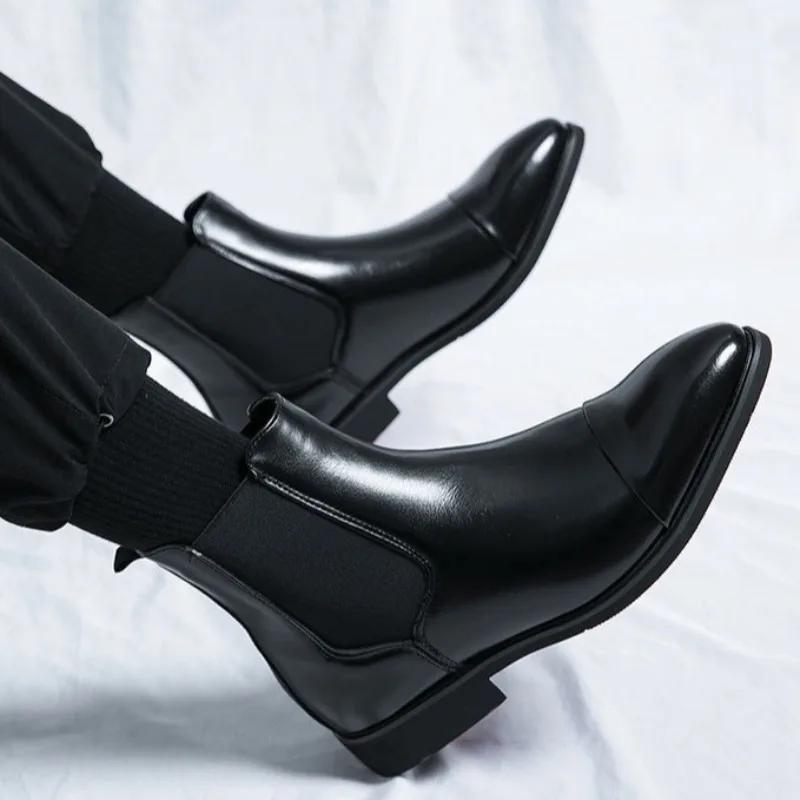 High Top Red Leather Shoes  Pointed Toe Toe Fit Oversized Men'S Boots British Casual Chelsea Boots