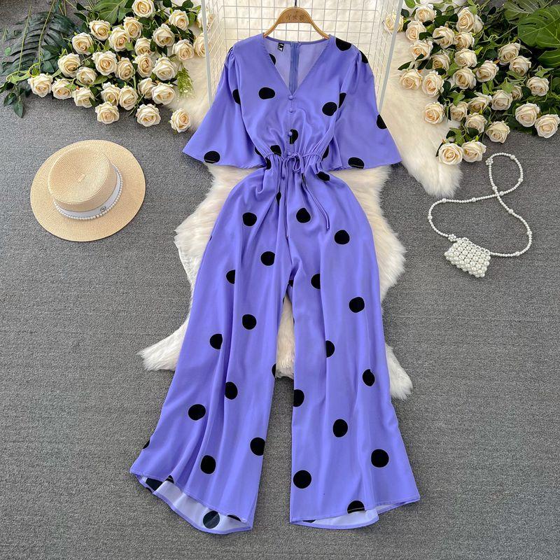 

Horn V Neck High Waist Polka-Dot Straight-leg Loose Pants Short Sleeve Purple One size