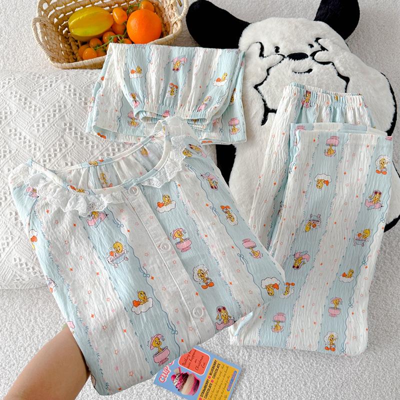 

Милая пижама Cuidi Женская летняя с коротким рукавом и круглым вырезом, из свежего облачного хлопка, домашняя одежда, комплект из трех предметов M