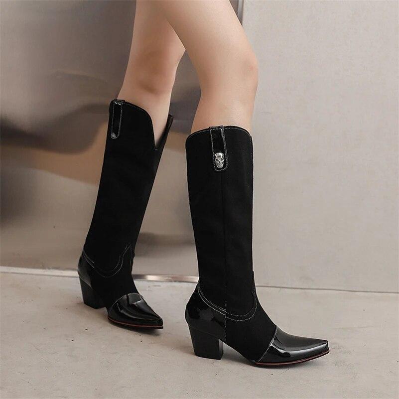 FOREADA Women Patent Leather Knee High Long Boots Square Toe Thick High Heels Western Cowgirl Boots Lady Fashion Shoes Winter 46