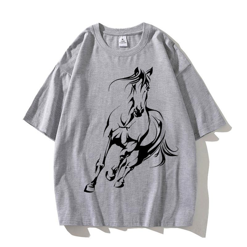 Men's Summer High Quality Cotton T Shirt Casual Loose Running Horse Pattern Printed Round Neck Short Sleeved T-shirt Top