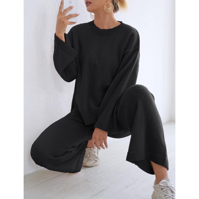 Women Loose Comfortable Solid Color Long Sleeve Sweater Wide Leg Pants Two Piece Loungewear Set
