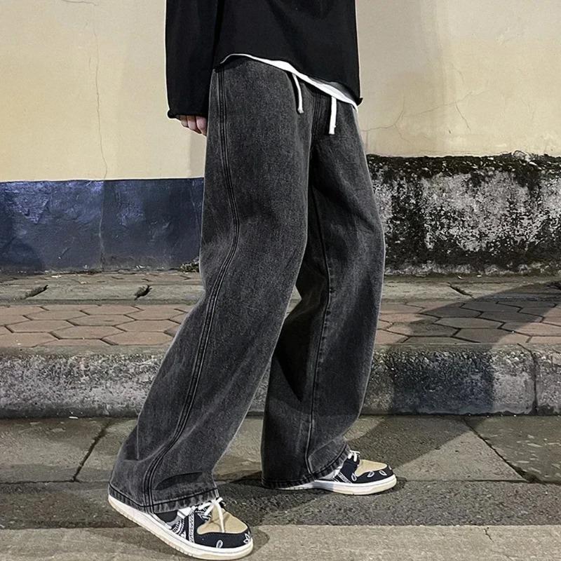 Móda Pánské Jednobarevné Džíny Volné Rovné Korejské Vintage High Street Hip-hop Y2K Ležérní Denní přetahovací široké kalhoty