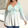 Women's Plus Size Shirt Long Sleeve  Print Top Pleated Casual V-Neck Top