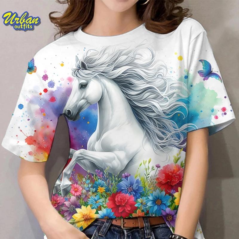 New Year's T-shirt with horse pattern print for women, 3D printed T-shirt