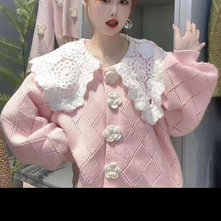 

Кардиган светр жіночий тривимірний квітка в язаний мереживом вишивка ляльковий комір вільний милий корейський светр кардиган One Size рожевий
