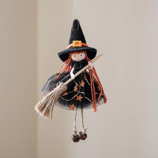 Halloween Witch Doll Decor with Broom Small Witch Figurine with Gauze Skirt Kitchen Hanging Witch Ornament for Room Door Window Halloween Decor