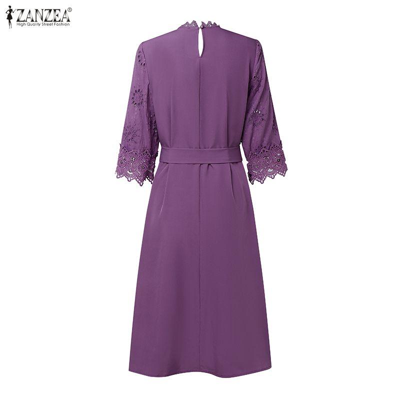 ZANZEA Women Casual Round Neck 3/4 Sleeve Loose Patchwork Lace Dress