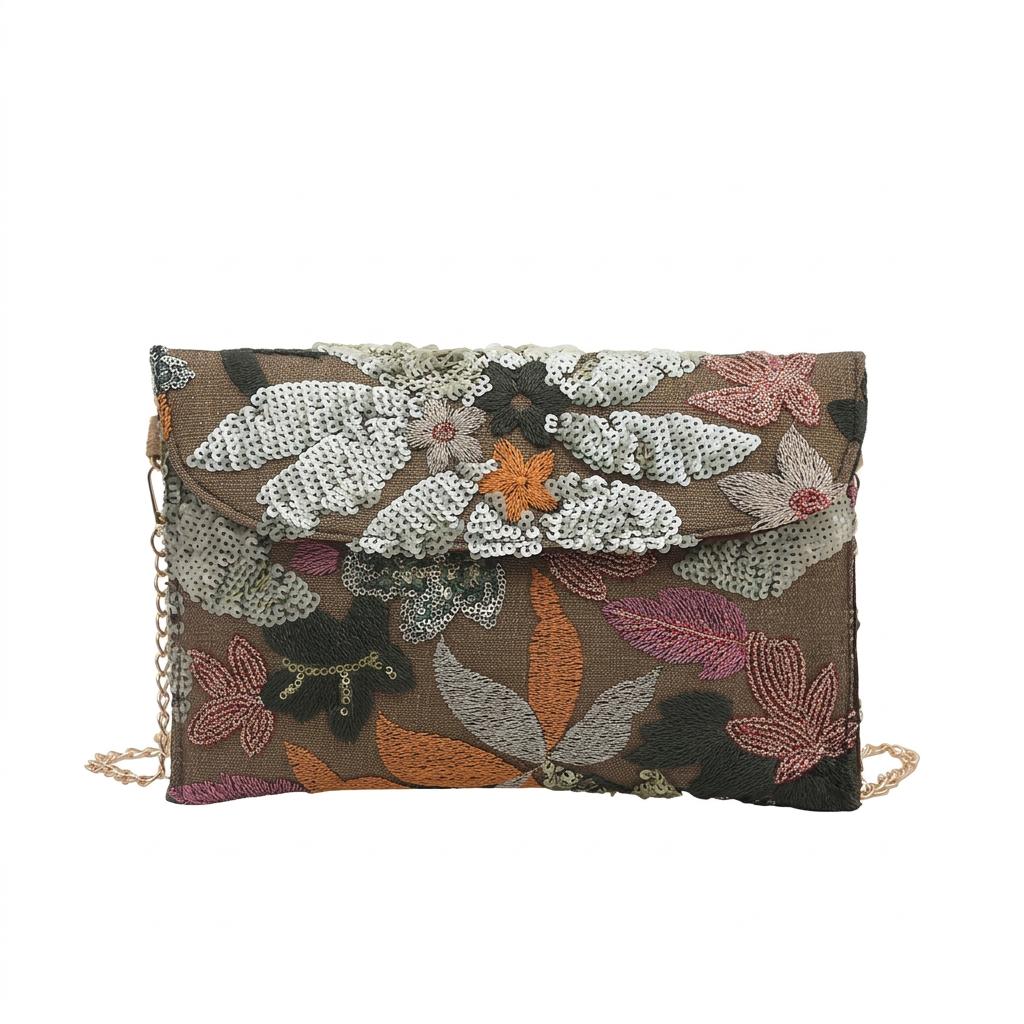 Straw Woven Bag Women's Detachable Chain Crossbody Shoulder Bag Chinese Style Handbag Sequin Floral Envelope Bag