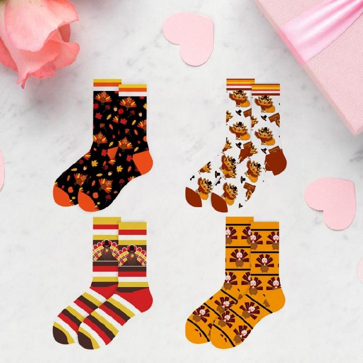 Women's Autumn Themed Socks with Thanksgiving Designs Maple Leaves Turkeys Pumpkin Prints Men's Cotton Crew Socks Gift