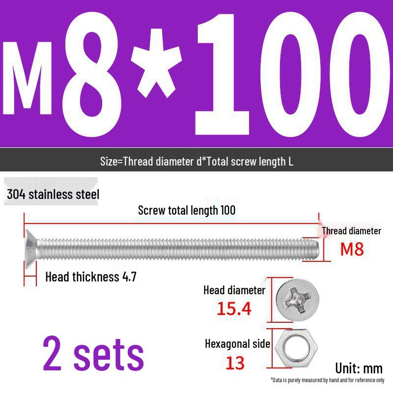 304 Stainless Steel Extra Long Phillips Flat Head Screws and Nuts Set (2M, 3M, 4M)