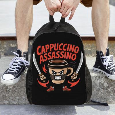 Cappuccino Assassino Italian Brainrot Casual Backpack Durable Student Hiking Travel Daypack for Men Laptop Computer Canvas Bags