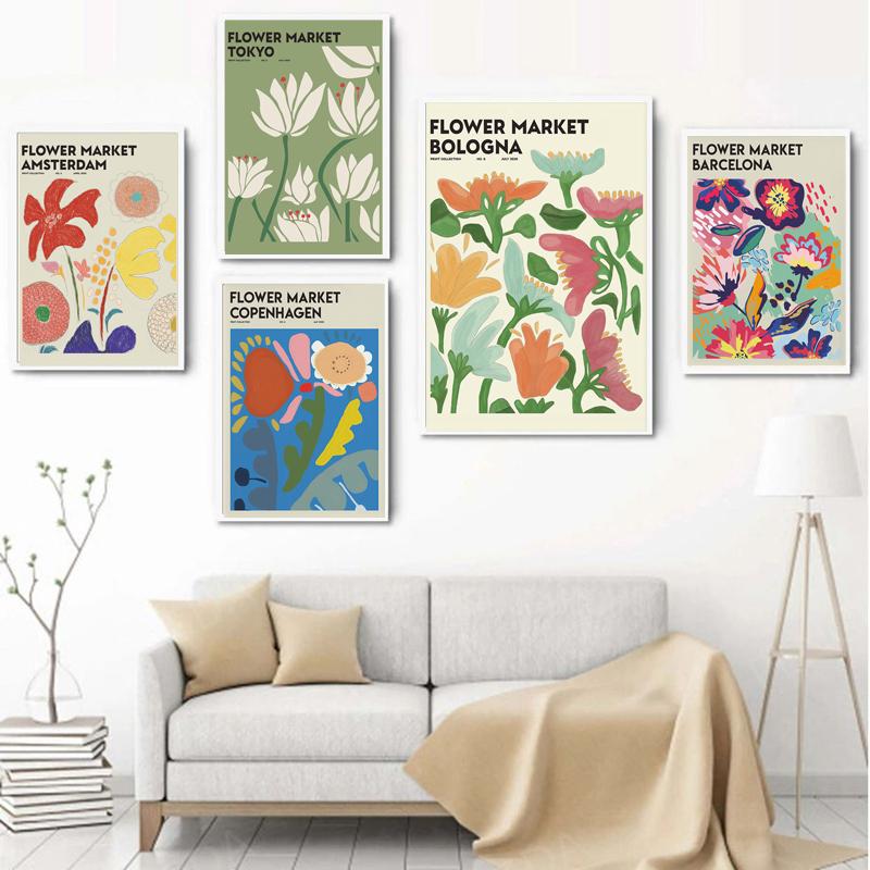 Abstract Flower Market Vintage Watercolor Wall Art Canvas Painting Nordic Posters And Prints Wall Pictures For Living Room Decor No Frame
