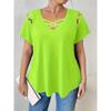 V-neck Short Sleeved Cross Strap T-shirt Large Size Summer Casual Fashion Hollow Out Blouse Solid Color Women Sweet Simple Office Shirts Clothing