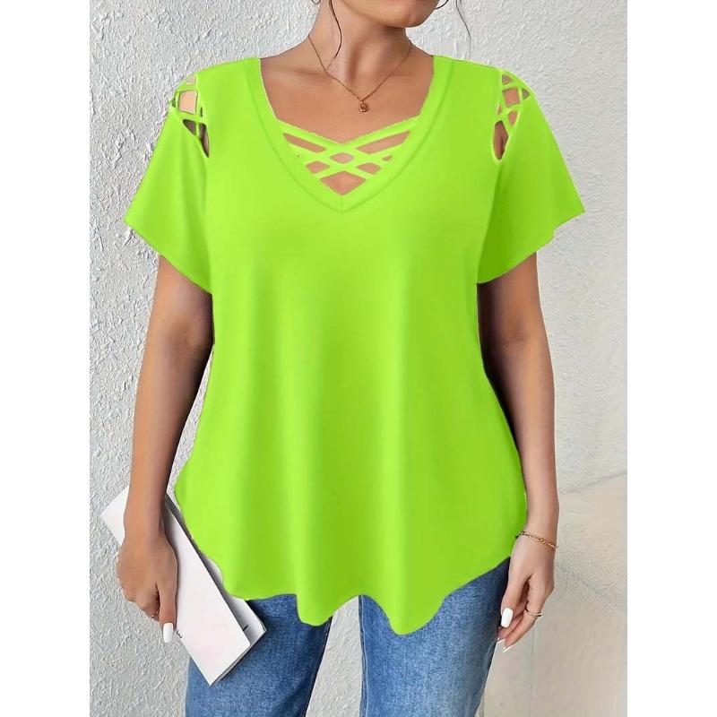 V-neck Short Sleeved Cross Strap T-shirt Large Size Summer Casual Fashion Hollow Out Blouse Solid Color Women Sweet Simple Office Shirts Clothing