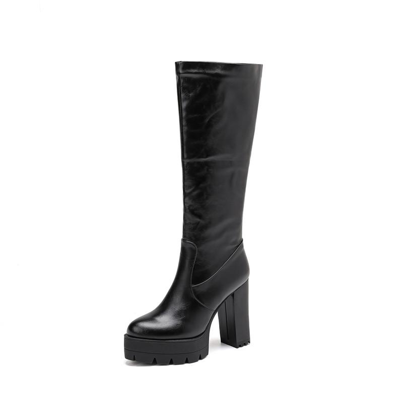 Women's high-heeled boots autumn and winter new waterproof table thick-heeled large-size solid-color medium boots