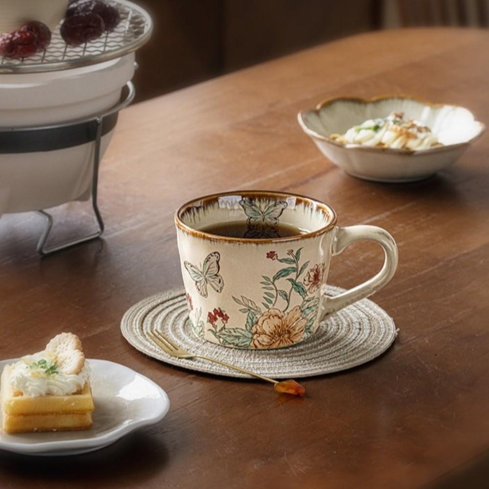 Floral Pattern Antique Style Mug Non-slip Milk Cup Decorative Ceramic Coffee Cup Travel