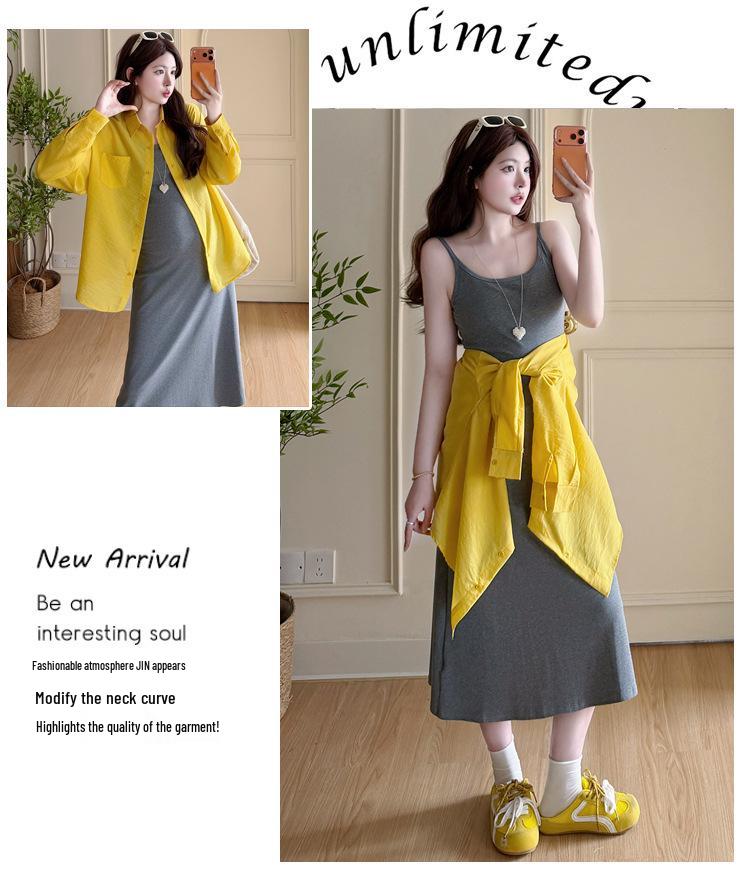 2026 Maternity Temperament Two-Piece: Summer Sun Protection Shirt & Waist-Cinching Camisole Dress